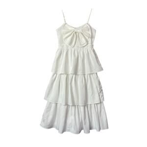 TCEC White Bow Tiered Layered Maxi Dress SZ Medium Cottagecore Wedding Coquette